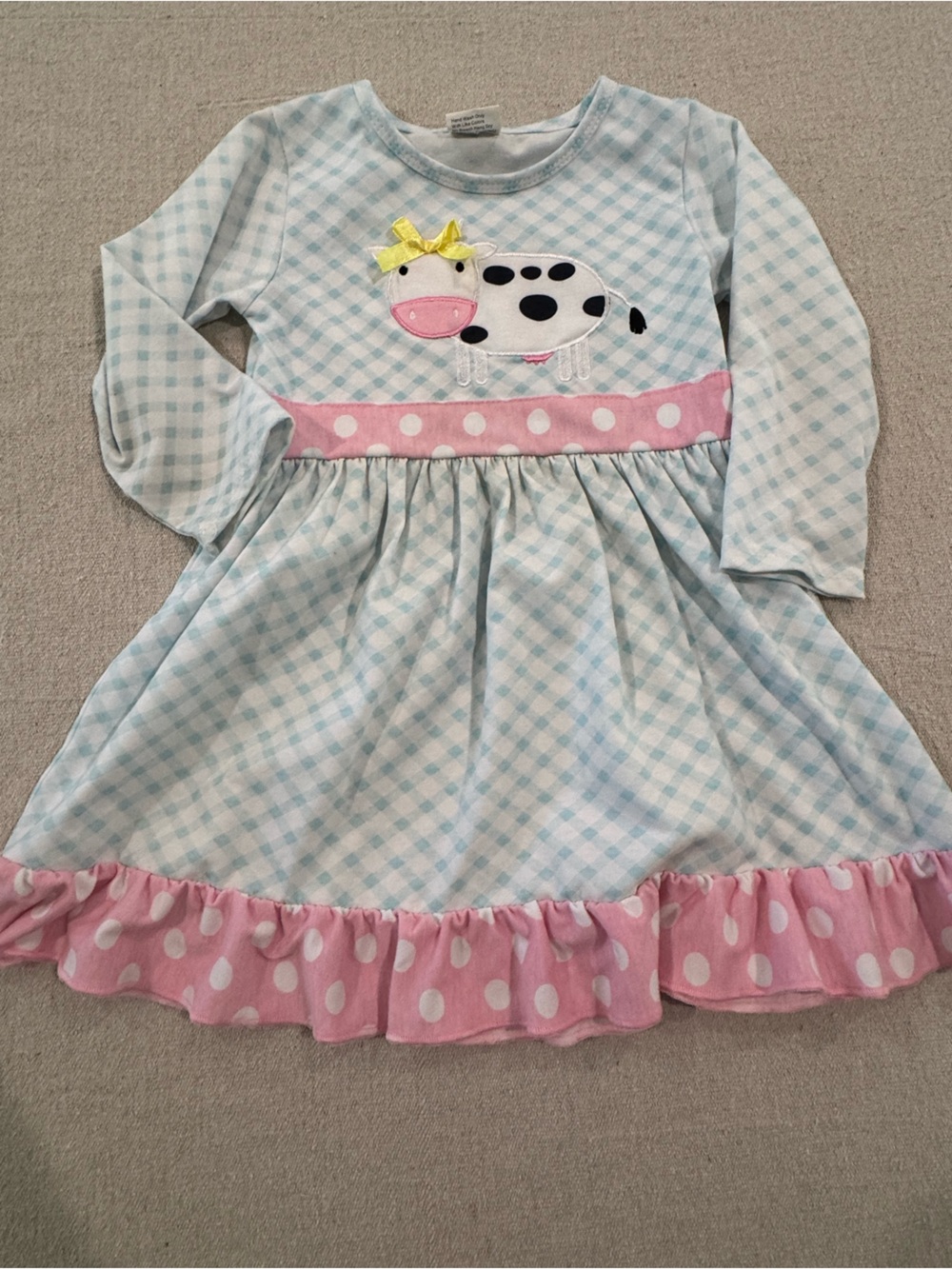 Blue and Pink Gingham Dress with Cow Applique for Kids
